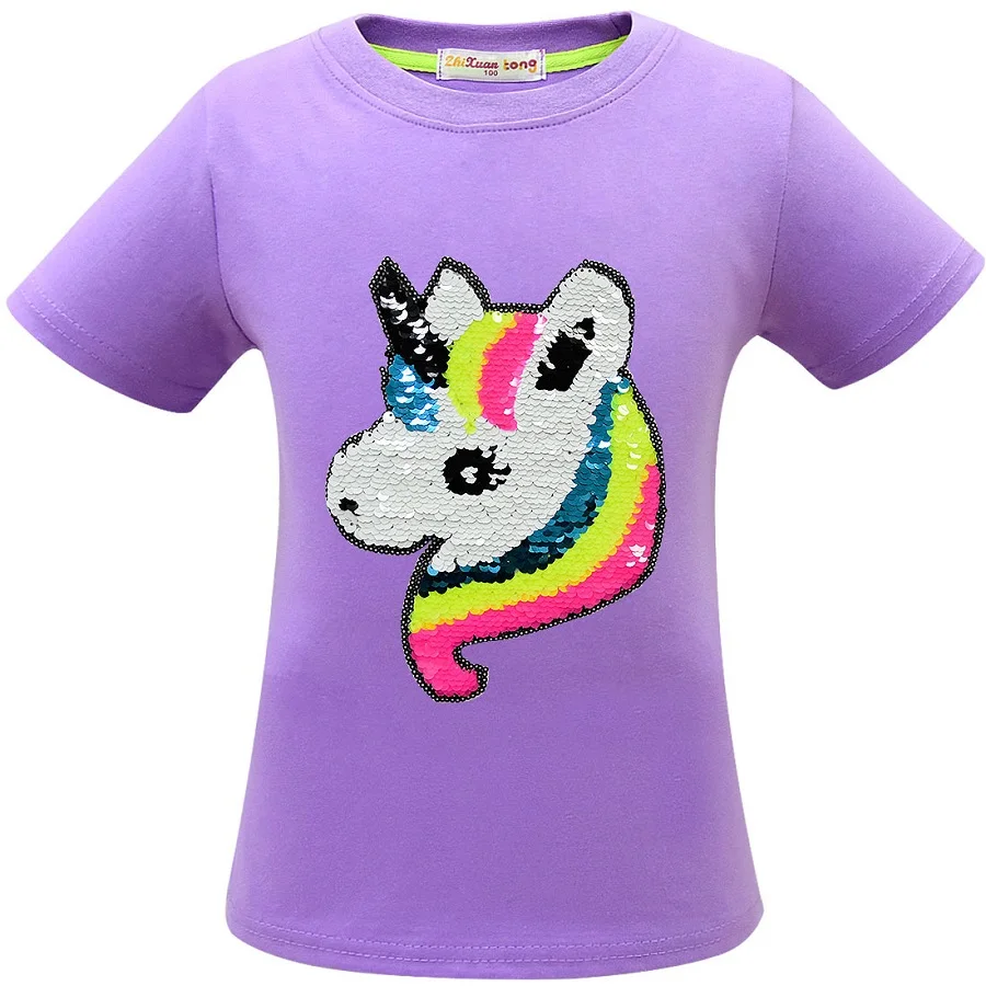 Рубашка с единорогом Camiseta Unicornio, футболка одежда для маленьких девочек топы для маленьких девочек, летняя одежда для детей Roupa Menina Красочные Блестки - Цвет: 3470 Purple