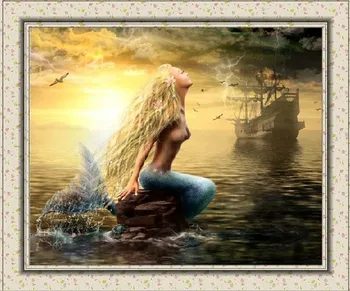 

Top Quality Counted Cross Stitch Kits Free Shipping Figure Pattern Cotton Thread Evening Glow Mermaid Oil Painting Needlework