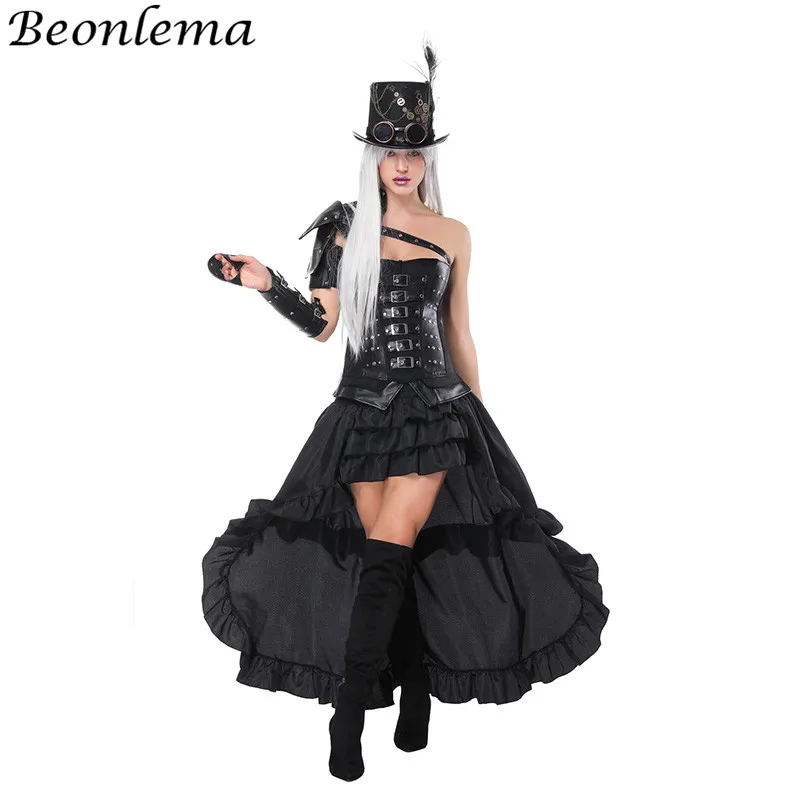 

Beonlema Overbust Bustier Leather Steampunk Corset Black Arm Shaper Punk Goth Belt Rivet Korse Dress Cosplay Clothing Long Skirt