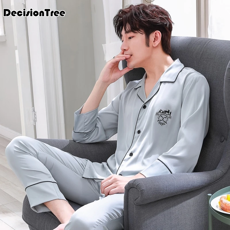 

2019 luxurious silk satin couple pajamas set long sleeve trousers sleepwear women mens silk pyjamas set plus