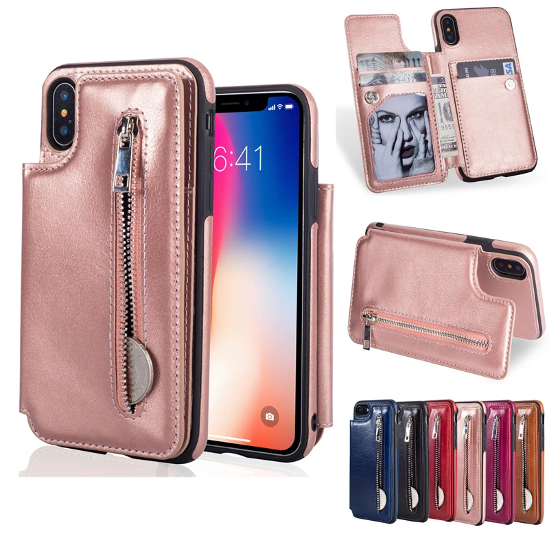 Fashion business Flip Leather Case for iPhone X Card Slot Stand Zipper Wallet Case for iPhone 6