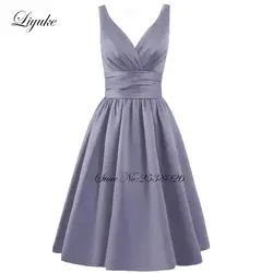 Liyuke PD2 линии платье для выпускного вечера глубокий v-образный вырез Вечерние Платье До Колена Длина чистый атласные вечерние платья