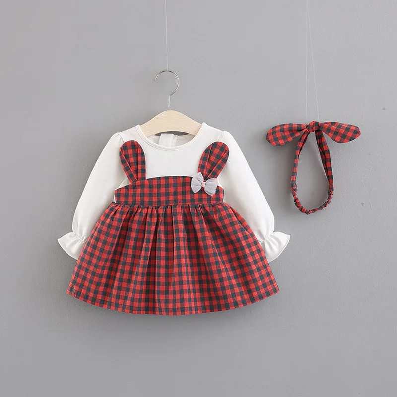 

Long Sleeve Baby Girls Clothes with Headband Spring Autumn Infant Dress Plaid Bow Newborn Princess Dresses Little Girls Costume