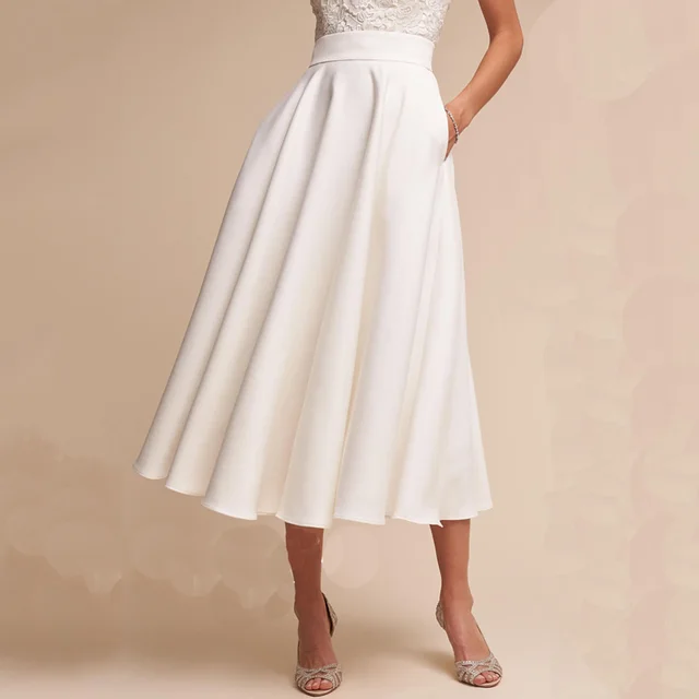 Chic Ivory A line Zipper Waist Womens Skirt Midi Length Bridal White