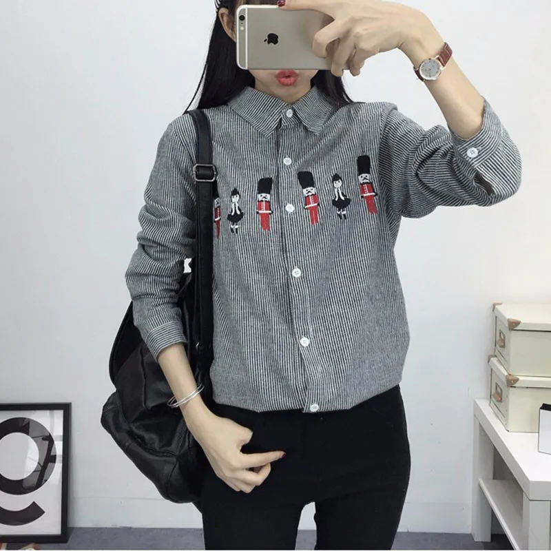 2016 New Spring and Autumn Womens Shirt Blouse Cat Embroidery Long Sleeve Women Shirts Casual Tops Size M-XL09