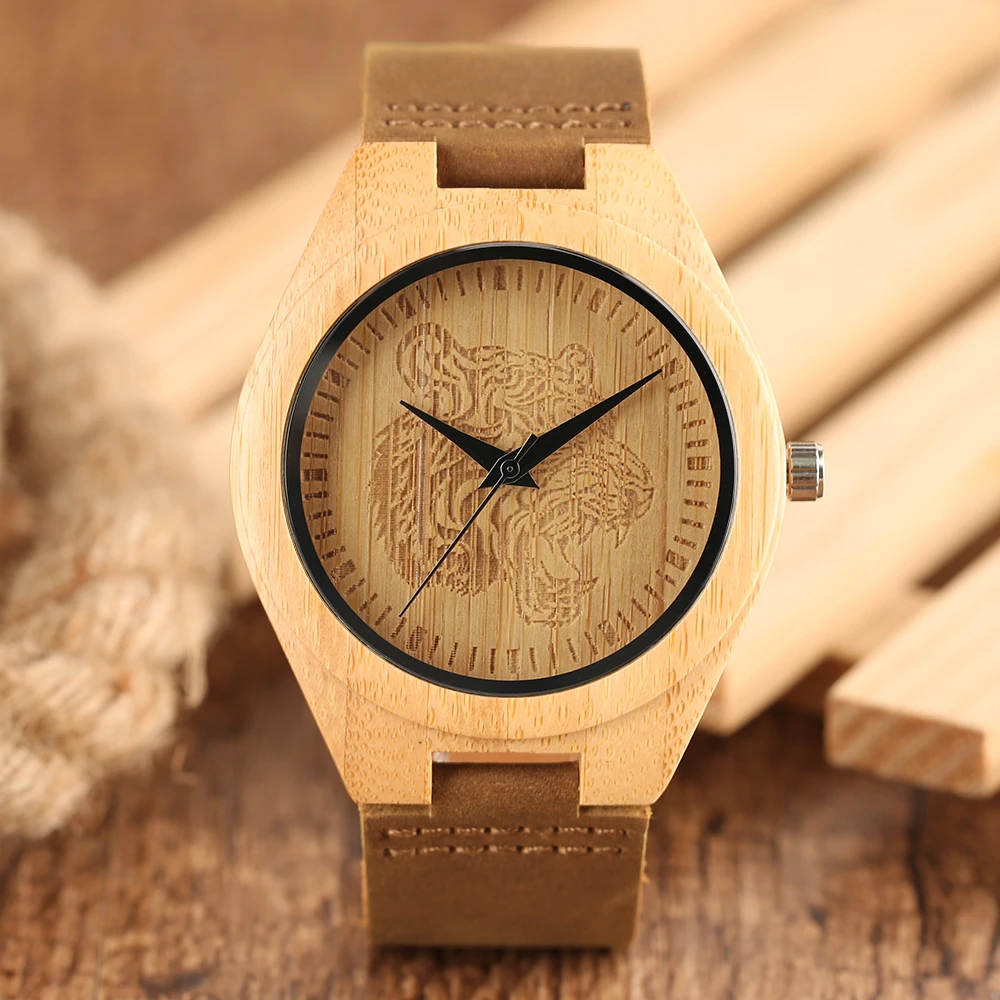 Tiger Head Theme Bamboo Wooden Wrist Watch Casual Nature Creative Wood Sport Quartz Watches Analog Clock for Men Women (7)