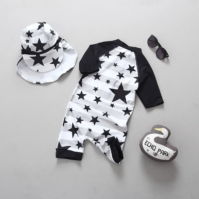 Boys Swimsuit One Piece Long Sleeve Warm Belly Sun Protection Children Swimwear for Boys Stars Print Kids Bathing Swimming Suit