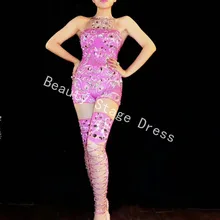 Сексуальный блестящий розовый комбинезон со стразами на день рождения, празднование наряд певицы Блестящий Боди Одежда для танцевальных выступлений