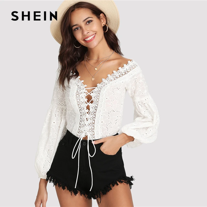 SHEIN Ажурное Боди На Шнуровке, Кружевное Однотонное Боди, Нарядное Летнее Боди