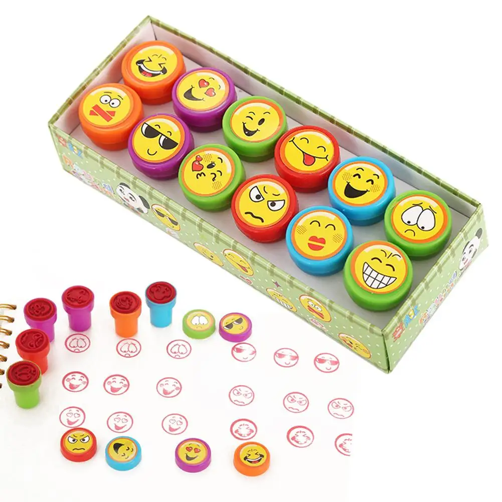 

ON SALE 12pcs/set Mini Seal Children's Toy Cartoon Smell Emoji Expression Face Pattern Seal Set For Kids Painting Games DIY Toy
