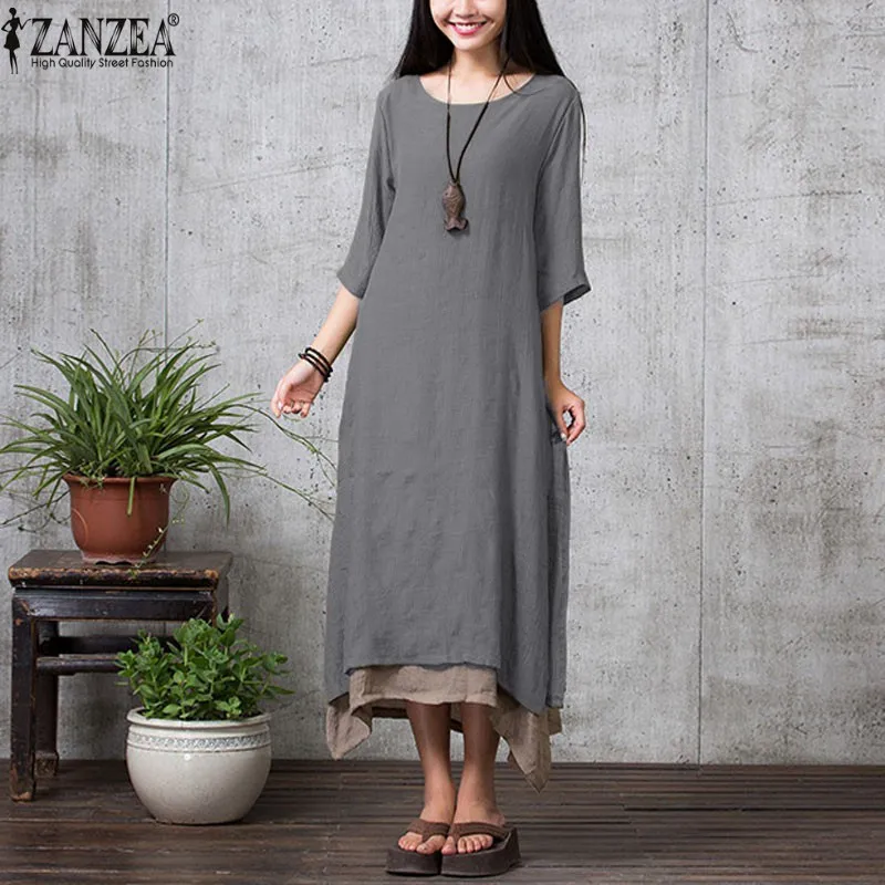 

ZANZEA 9 Colors 2019 Summer Dress Women Casual Loose Vestidos Cotton Linen Long Dress Maxi Dress Shirt Vintage Plus Size