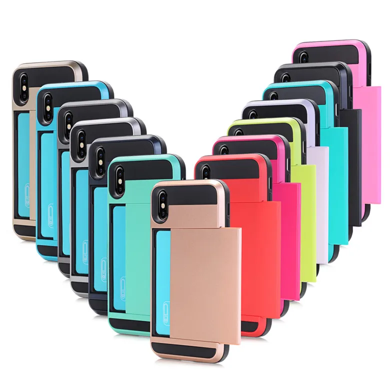 

Dual Layer Armor Hard PC TPU Soft Back Phone Case with Slide Card for Iphone 6s 7 8plus x XS XR XS Max Samsung S8 Note 8 S9