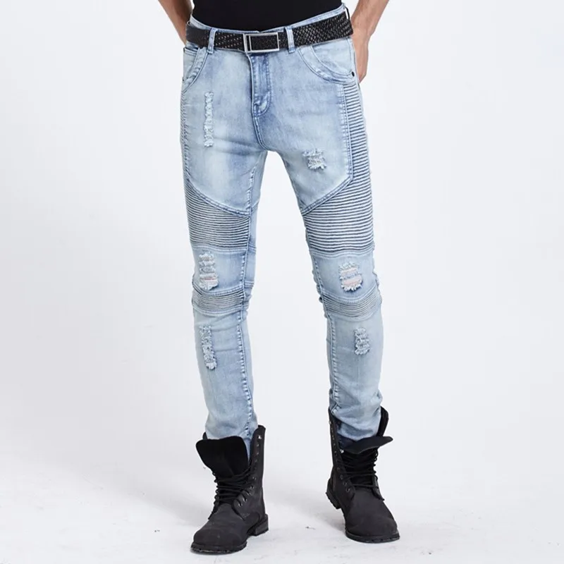 Мужские эластичные рваные байкерские джинсы, обтягивающие светло-голубые kanye west, дизайнерский бренд, уличная одежда в стиле хип-хоп, мотоциклетные штаны, джоггеры
