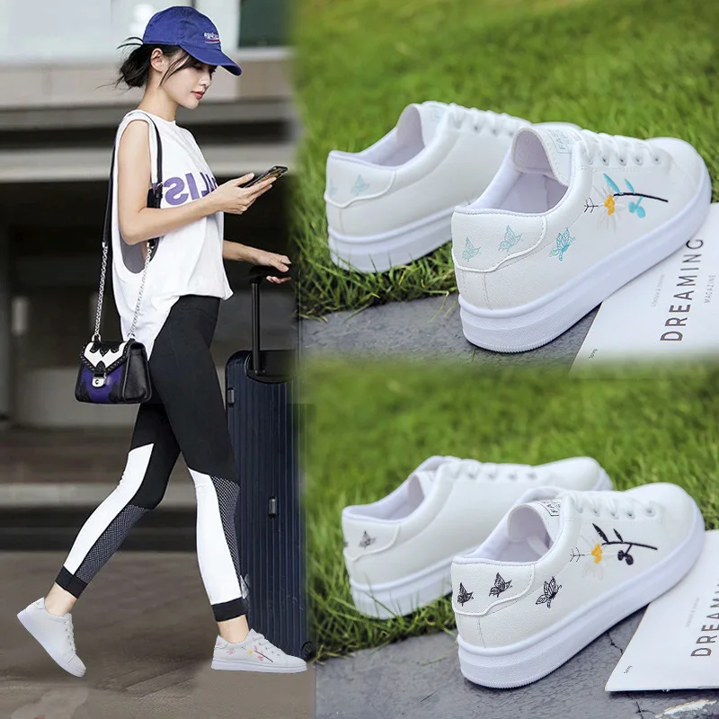 

Women Vulcanize Shoes Sneakers Women Lace up Casual Shoes White Flower on New Summer White Shoes Female Sneakers S0844