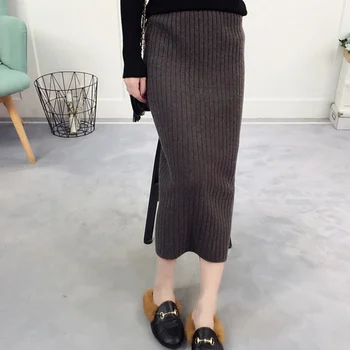 

Women's Knitted Split Long Skirt High Waist Female Straight Midi Skirt Saia 2020 Autumn Fashion Solid Slim Skirts Elegant