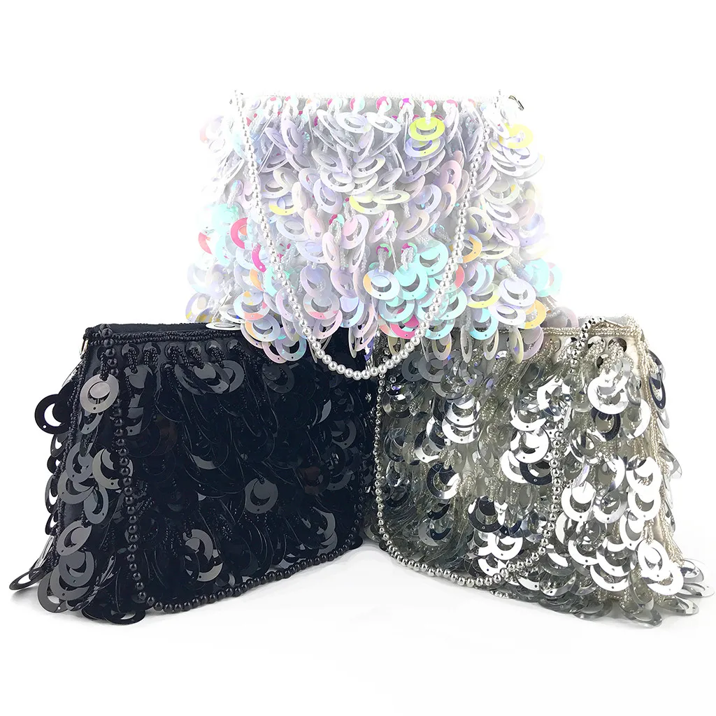 

Coneed Retro Style Women Hand-Embroidered Sequins Handmade Beaded Bag Pearl Chain Clutch Bag 2019 May3 P40