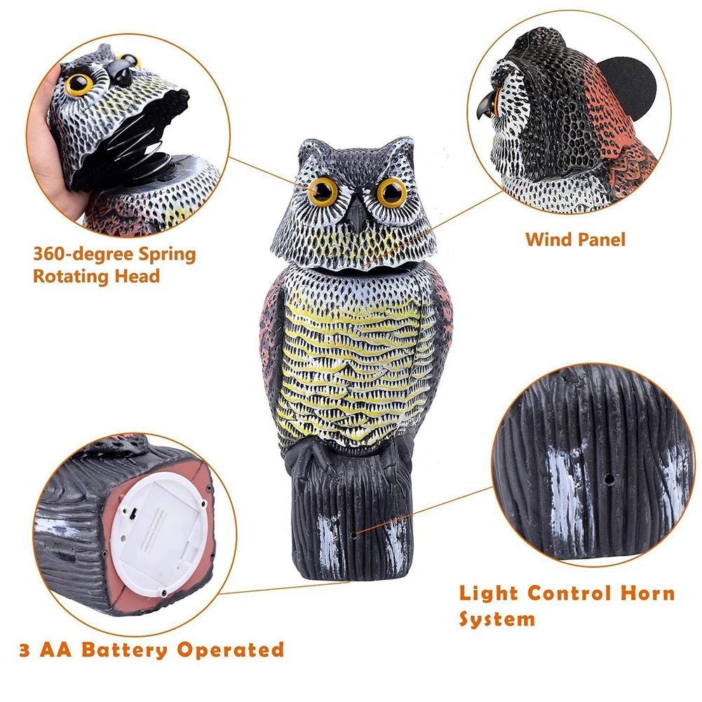 

Realistic Bird Scarer 360 Degree Rotating Head Owl Decoy Protection Repellent Bird Pest Control Scarecrow Garden Yard Decor