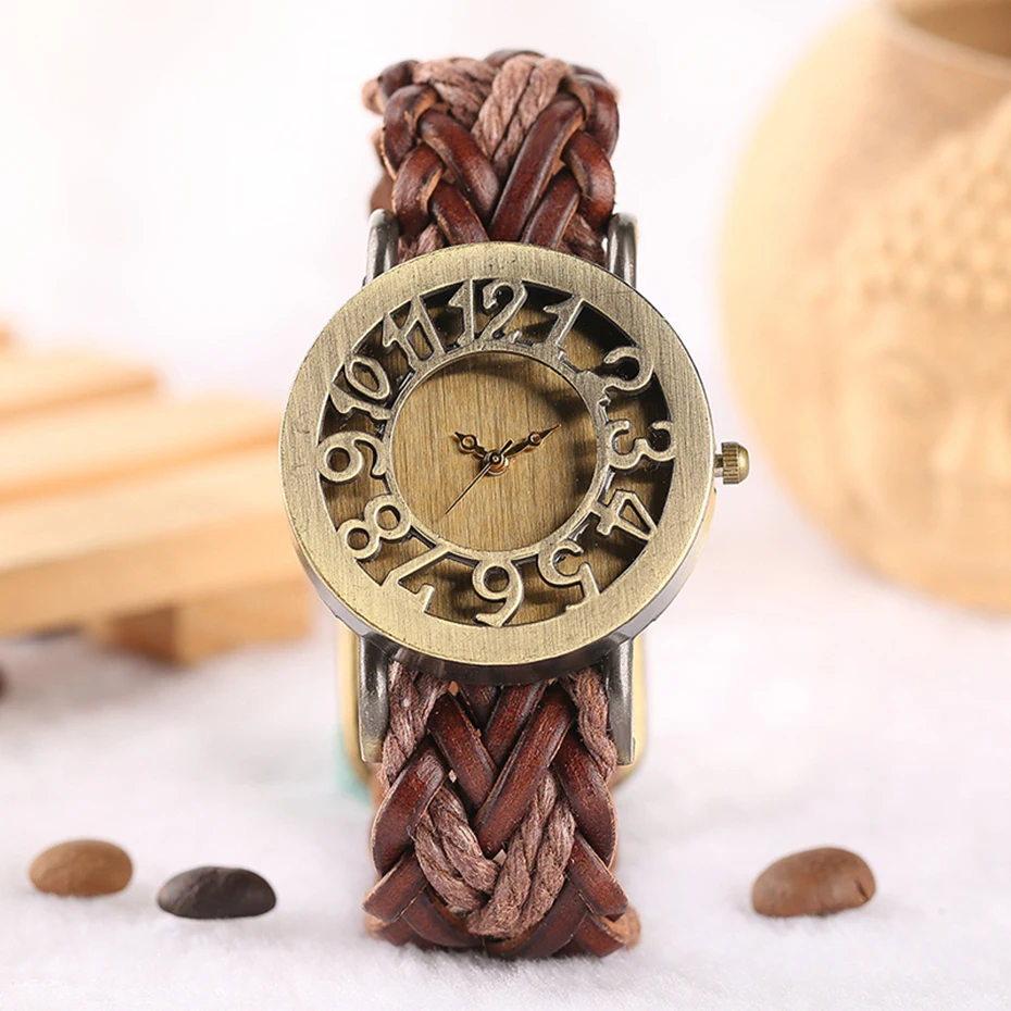 Bohemian Style Lady's Watches Handcraft Black Knitted Leather Watch Band Hollow Arabic Numerals Skeleton Casual  Bracelet Gift (20)