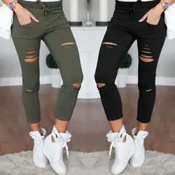 2018 летние обтягивающие джинсы женские джинсовые брюки рваные до колена узкие брюки повседневные брюки черные белые стрейч рваные джинсы