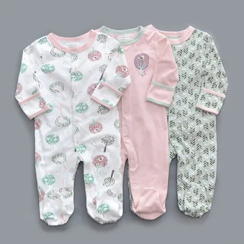 

Baby Sleeper Pajamas with Tree Print, White/Pink/Green Button Front Non-Slip 100% Cotton Footed Sleep and Play 3pcs 0-12 Months