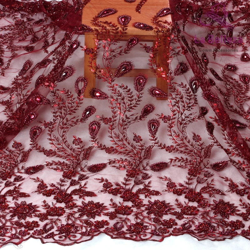 

La Belleza 1 yard wine evening/wedding dress handmade beaded lace fabirc 51'' width