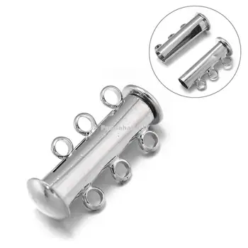 

3-Strands 6-Holes Tube Brass Magnetic Slide Lock Clasps, Nickel Free, Platinum, 21x10x6.5mm, Hole: 2mm