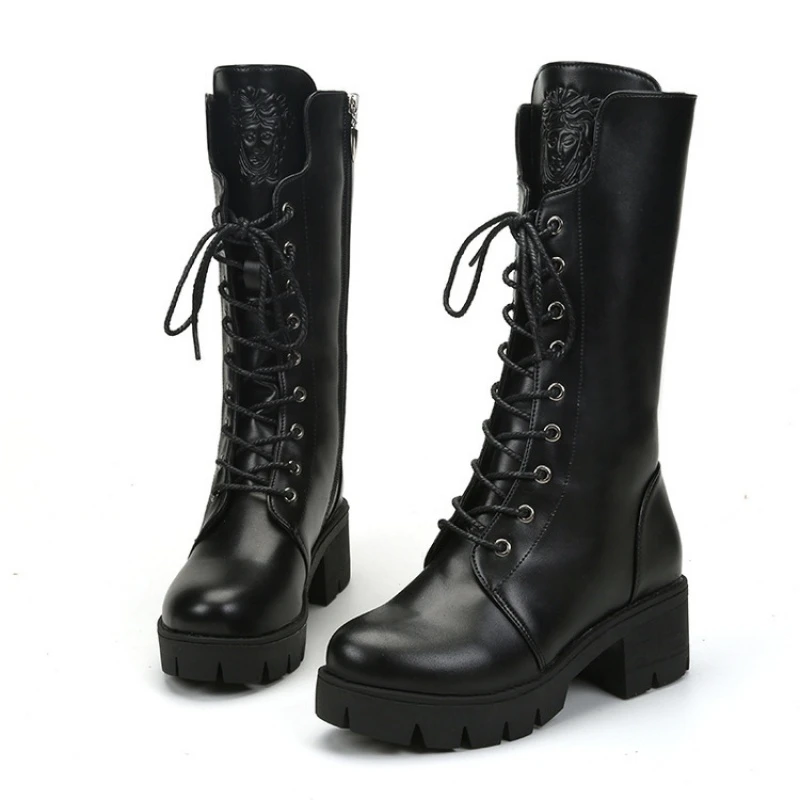 

Martin boots female England thick with military boots 2019 plus velvet female winter high heel boots high to help women's shoes