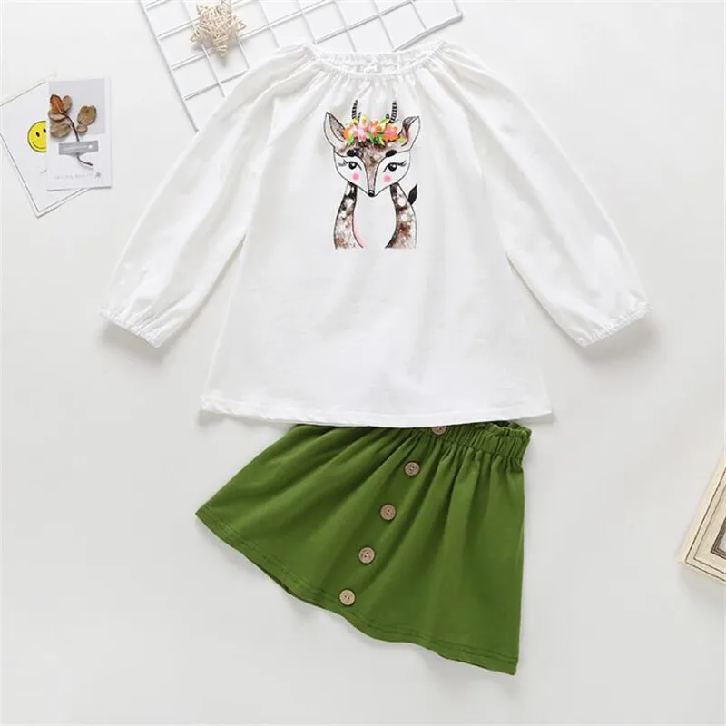 

Girls Spring Fox Print White Puff Sleeve Dark Green Princess Dress