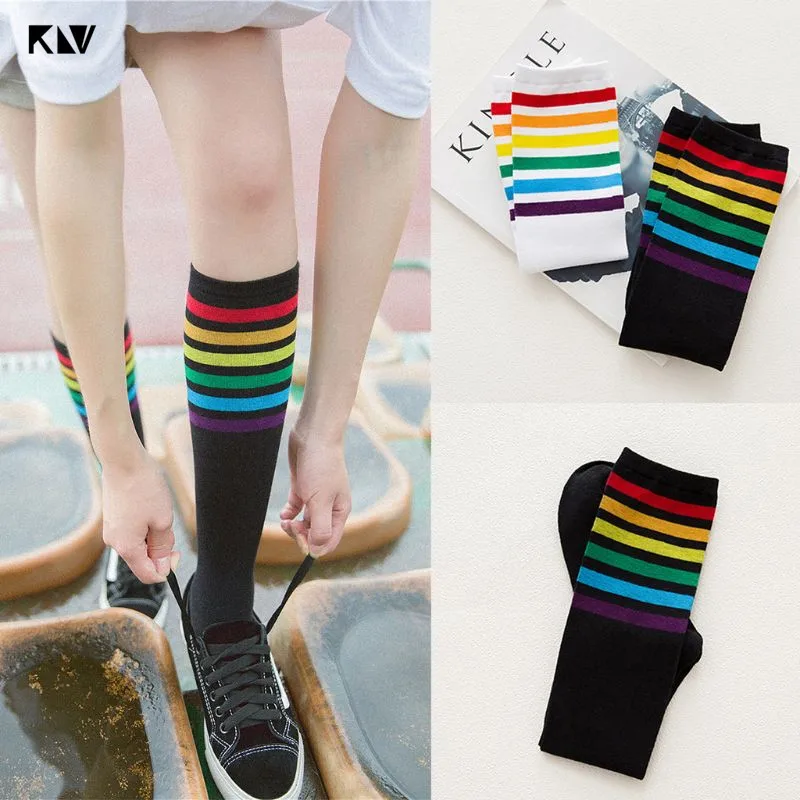 

KLV Women Korean Rainbow Horizontal Striped Knee Length Long Socks Preppy Style Harajuku Student Sports Jacquard Cotton Hosiery