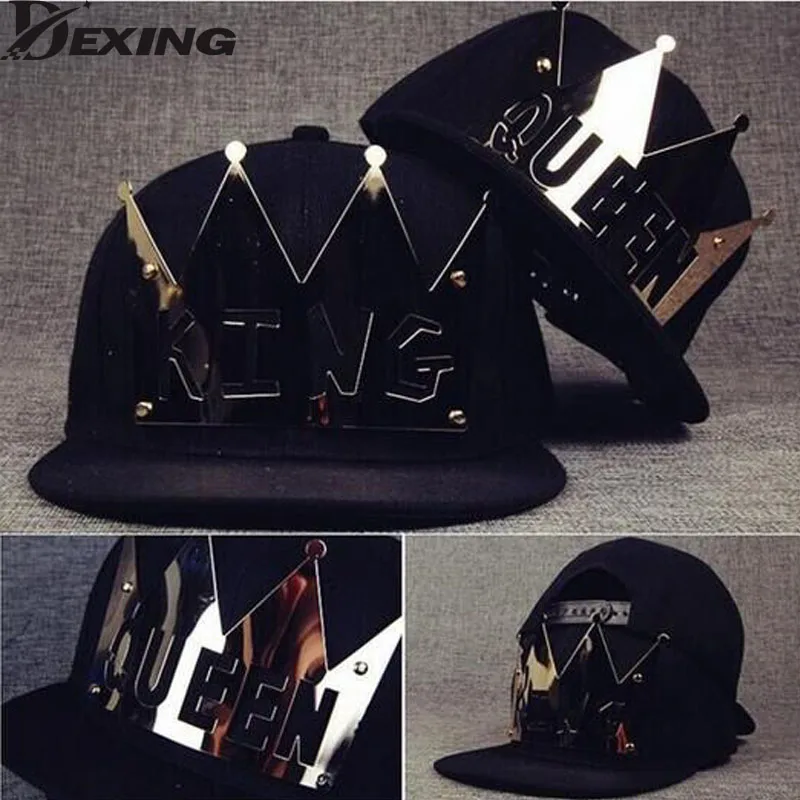 

[Dexing]2017 punk street fashion Novelty  baseball caps metal with letter King Queen designer brand bones gorras hip hop boy hat
