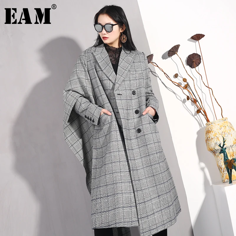 

[EAM] 2019 New Autumn Winter Lapel Long Sleeve Gary Palid Printed Personality Loose Long Woolen Jacket Women Coat Fashion JG62