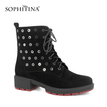

SOPHITINA New Unique Brand Ankle Boots Warm Short Plush Genuine Leather Flower Decoration Shoes Lace-up Zipper Women Boots M53