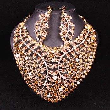 

Fashion Leaves Rhinestones Bridal Jewelry Sets Indian Wedding Brides Statement Necklace Earrings Sets Christmas Gifts for Women