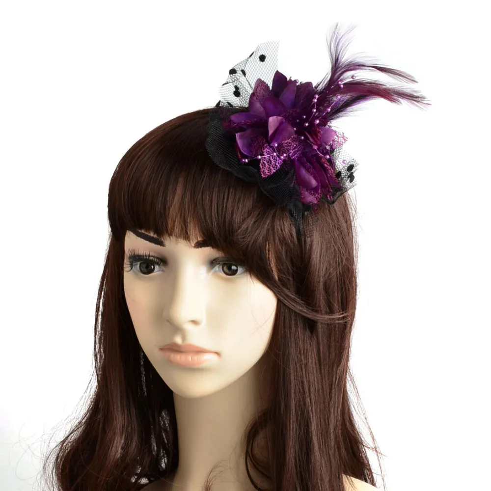 

2019 New Purple Net Organza Feather Flower Corsage Hair Clip for Girls Brooch Pin Bridal Party Wedding Brides Hair Accessories