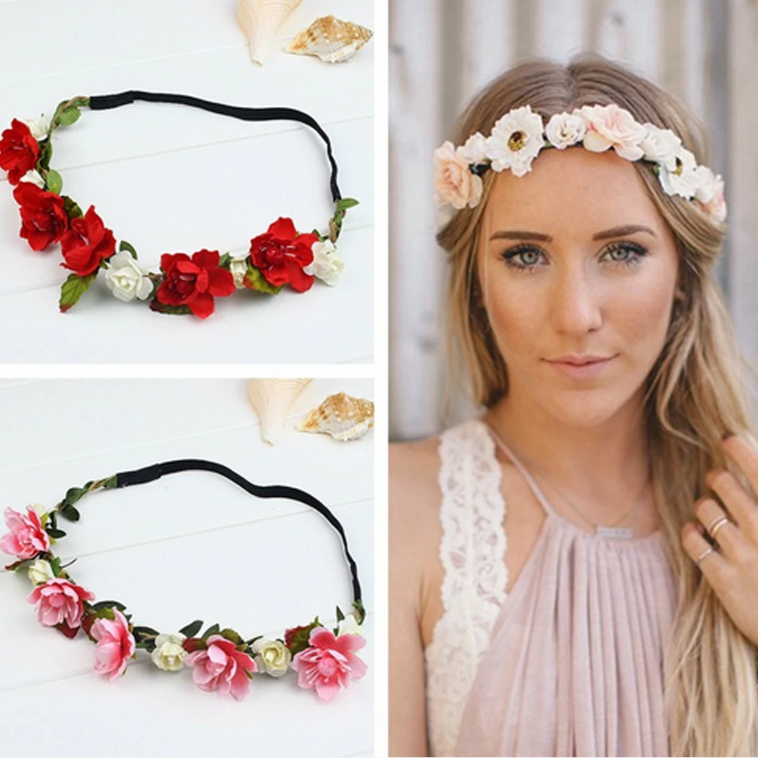 

Vogue Girls Bride Flowers Headwear Bohemian Style Peony Flower Crown Women Elastic Headband Plastic Garland Hair Accessories