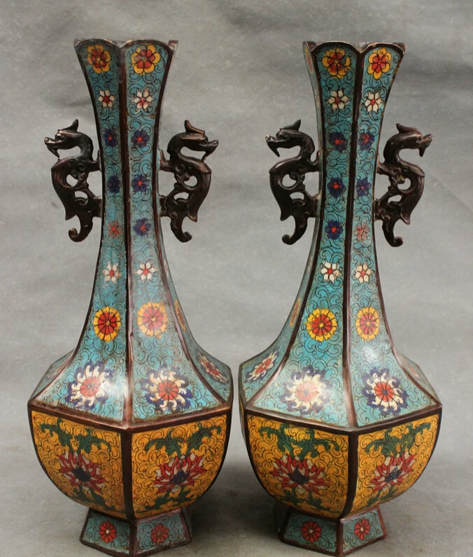 

USPS to USA S1654 14" Dynasty Chinese Cloisonne Bronze Palace Dragon Unicorn Statue Vase Pot Pair B0401