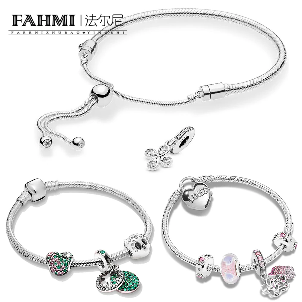 

FAHMI 100% 925 Sterling Silver FOUR PETAL FLOWER SLIDING ARMBAND SET Brilliant Clover Bracelet Set Peach Love Bracelet Set