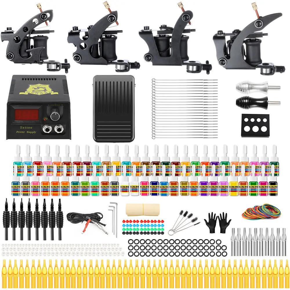 

Solong Tattoo Complete Tattoo Kit for Liner Shader Beginner 4 Pro Coil Machine Guns Set 54 Inks Power Supply Needle Tips TK457