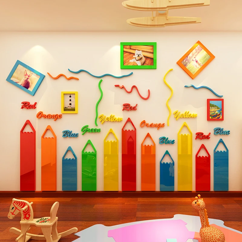 Цветные карандаши, Мультяшные 3D акриловые наклейки на стену для детской комнаты, гостиной, детского сада, рамка для украшения, сделай сам, художественный Настенный декор