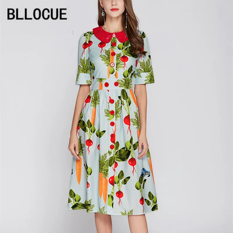 BLLOCUE High Quality Fashion Designer Runway Dress 2020 Summer Women's Short Sleeve Turn-Down Collar Printed Lace | Женская одежда