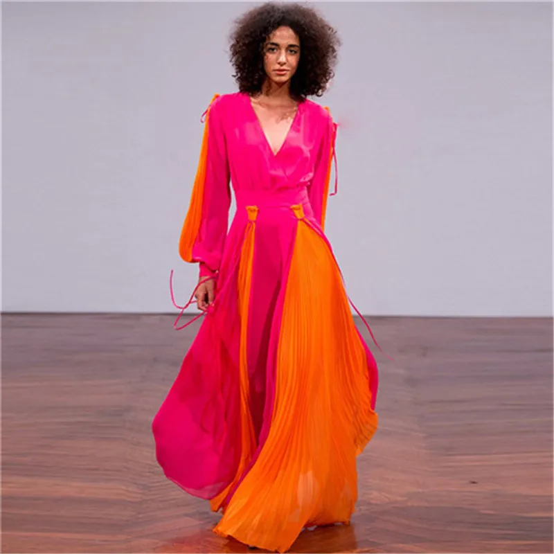2019 New Luxury Women pleated Long sleeves printed chiffon maxi dress (5)