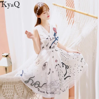 

2020 Summer Sweet Women Mini Dress Runway Embroidered Flowers Lace Cartoon Pattern V-neck Party Dress High quality Clothes