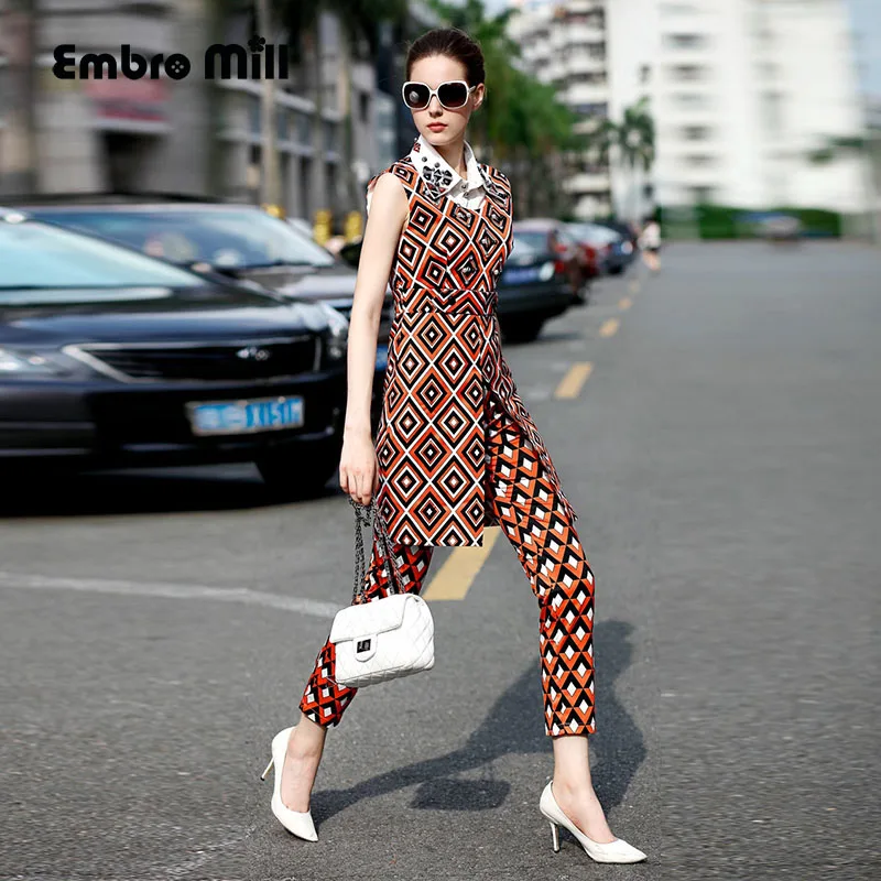 

Fashion runway ninth pants women suits autumn sleeveless beading grid dress + fashion grid pants lady set outfit female S-XL
