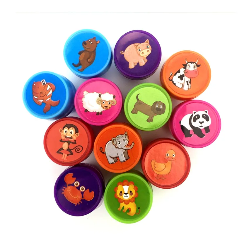 

12pc/Lot Kids Cartoon Animals Stamp Children Custom Plastic Rubber Self Inking Stampers Drawing Painting Toys Set