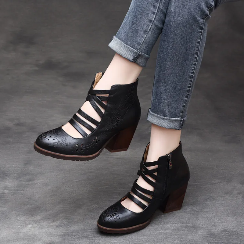 

Women Ankle Boots Genuine Leather 7 CM High Heels Embroidery Gladatior Boots Spring Lady Shoes 2019 Handmade Women Leather Boots
