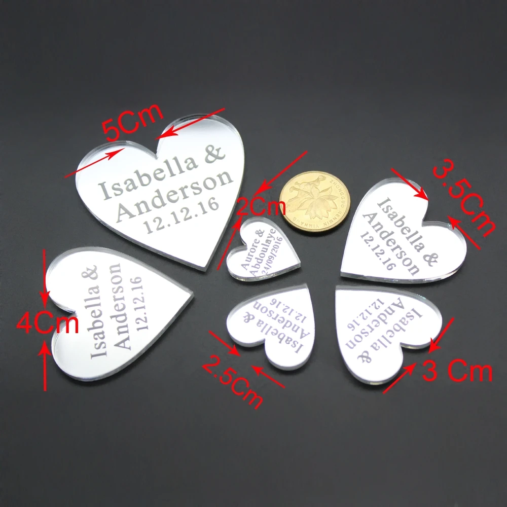 100 pcs Personalized Engraved Mirror / Transparent MR & MRS Surname Love Heart Wedding Table Decor Favors multi-sizes