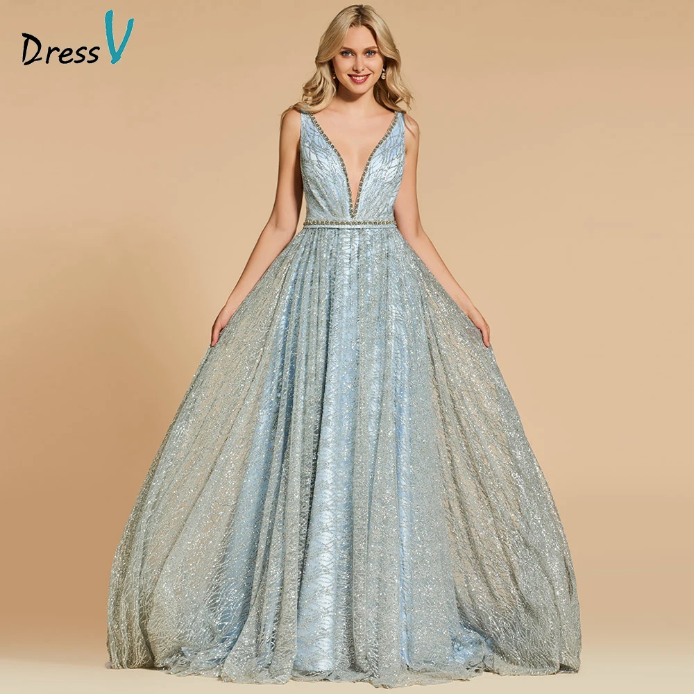 

Dressv gray long evening dress v neck court train elegant beading sleeveless wedding party formal dress lace evening dresses
