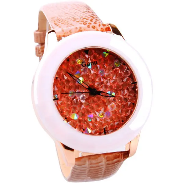 Роскошные GUOU бренд ремень из натуральной кожи Для женщин часы с цельными круглыми кристаллами часы представительского класса дамские со стразами Стразы кварц с логотипо
