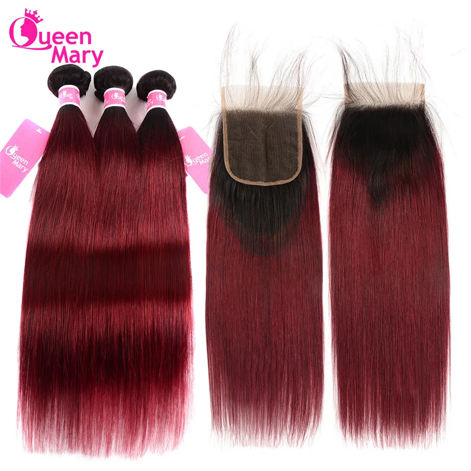 

1B/99J Ombre Human Hair Bundles With Closure Brazilian Straight Hair 3 Bundles With Closure Queen Mary Non Remy Human Hair Weave