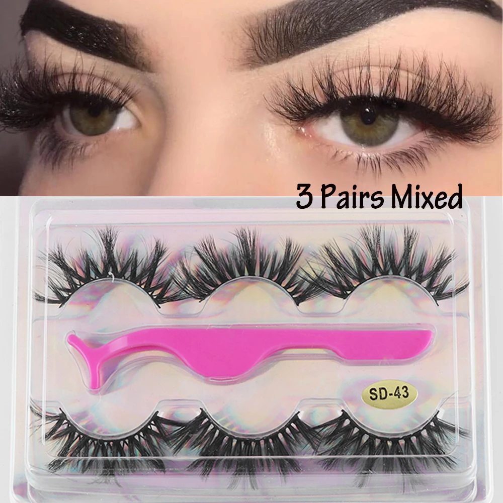 

3 Pairs 3D Mink Hair False Eyelashes With Tweezer Wispy Fluffy Natural Long Handmade Eyelashes Extension Eyelash Makeup Tools